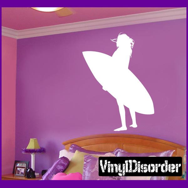 Surfing wall decal with white surfer silhouette, vinyl sticker