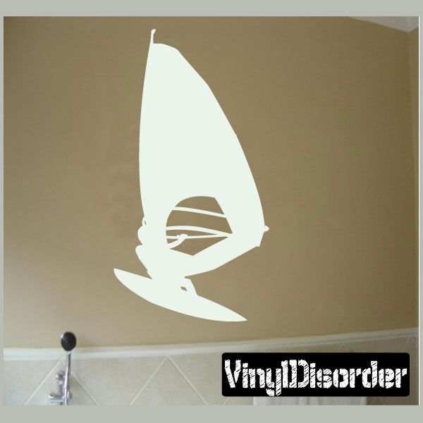 White surfing vinyl wall decal with board and rider silhouette