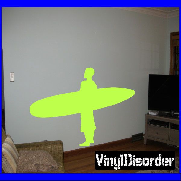 Lime green surfer silhouette surfboard wall decal