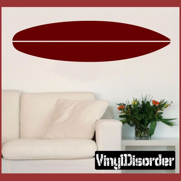 Red surfboard wall decal with long oval shape and center line