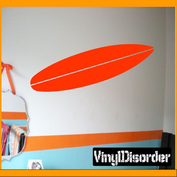 Surfboard wall decal, orange surfboard silhouette with white outline
