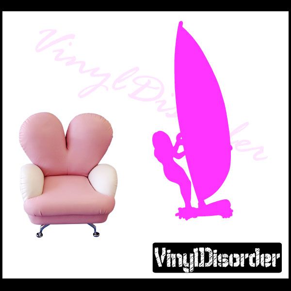 Pink surfing vinyl wall decal with surfboard and surfer silhouette.
