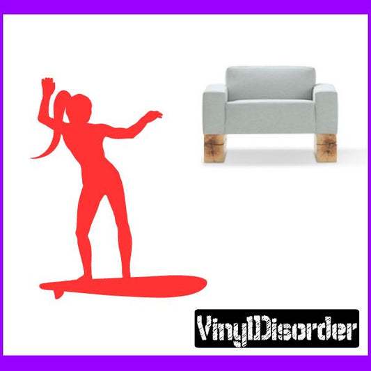 Red surfer wall vinyl decal with surfboard silhouette and small hand-drawn details