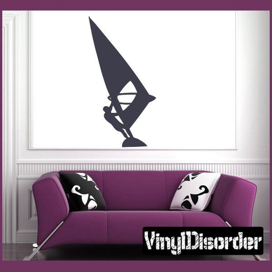 Surfing wall decal of sailboard silhouette, dark gray vinyl