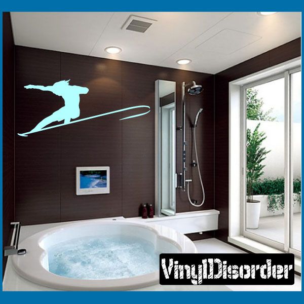 Light blue surfing silhouette vinyl wall decal with curved wave line