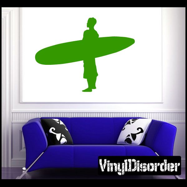 Green surfing wall decal vinyl sticker with surfer silhouette in profile