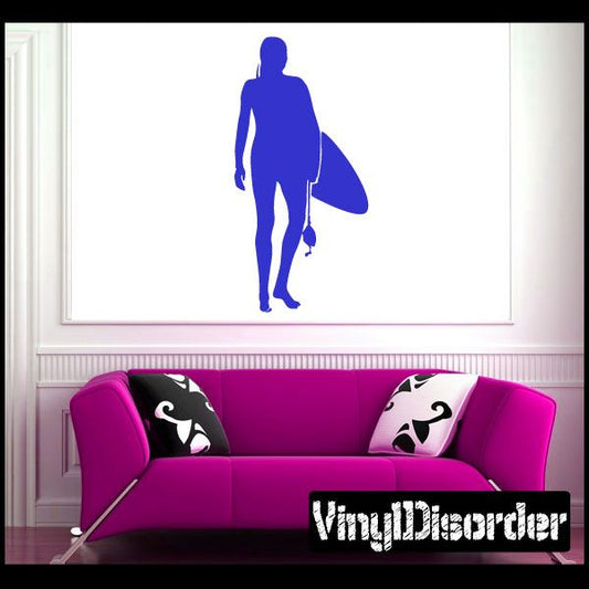Blue surfer wall decal silhouette holding surfboard