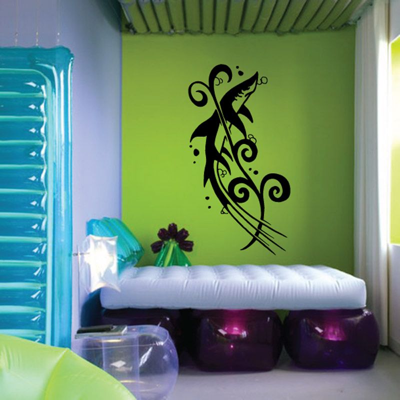 Shark and seaweed wall decal with black swirling ornamental design