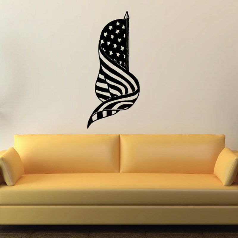 Swirling American flag decal with stars and stripes in black and white