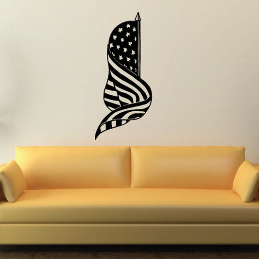 Swirling American flag decal with stars and stripes in black and white