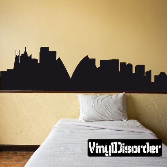 Sydney Australia skyline decal, black city silhouette on wall above bed