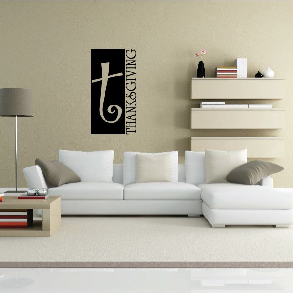 Black T letter Thanksgiving wall decal with white stacked THANKSGIVING text
