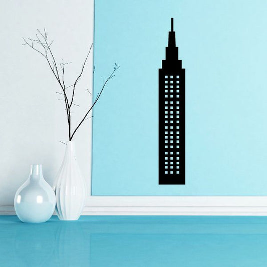 Tall building wall decal with a black high-rise and window grid