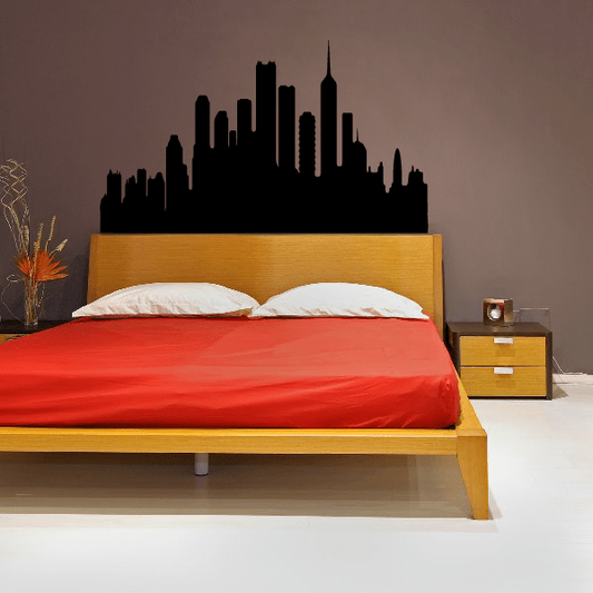 Black tall city skyline wall decal, silhouette buildings skyline