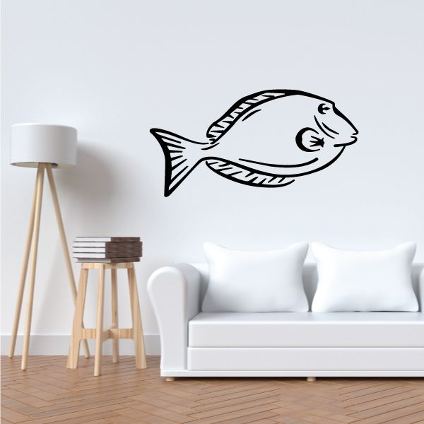 Tang fish wall decal, black line art on white background