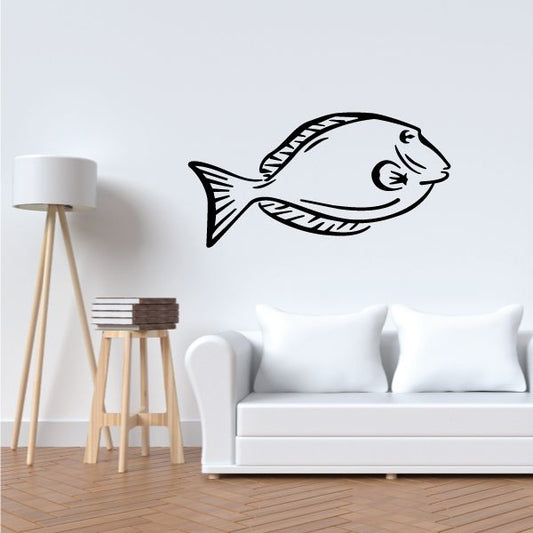 Tang fish wall decal, black line art on white background