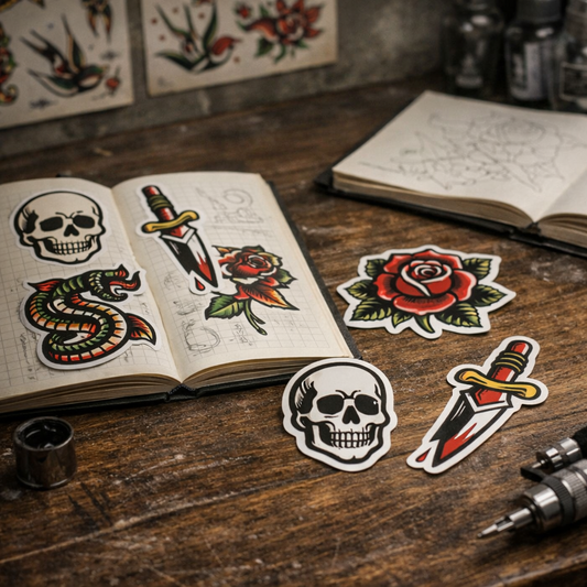Tattoo stickers sheet with skull, snake, rose, dagger, and other colorful designs