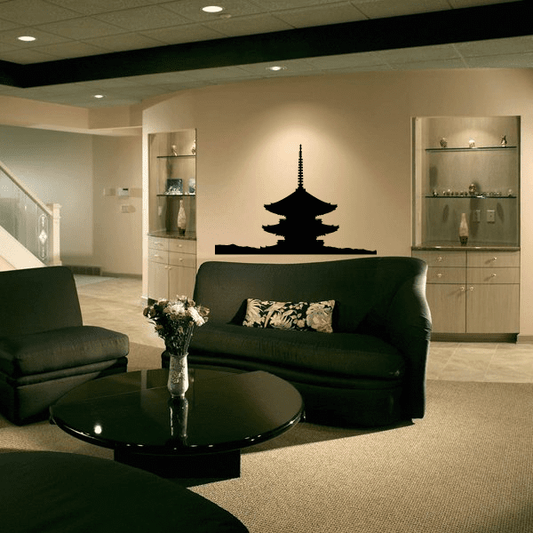 Black temple silhouette wall decal with layered roof and base