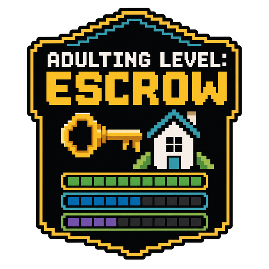 Adulting level escrow sticker, pixel-style house and text logo in yellow and teal