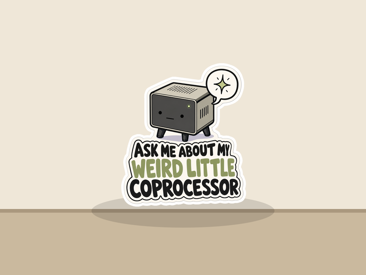 Ask Me About My Weird Little Coprocessor Sticker shown on a wall mockup