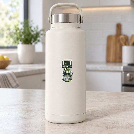 Green “Compile Test Snack” sticker on a white insulated bottle