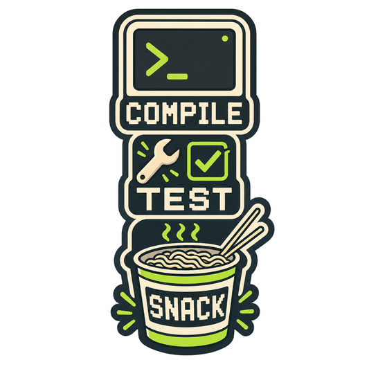 “Compile Test Snack” sticker with pixel-style icons in green and black