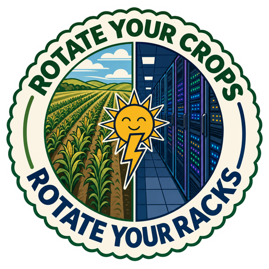 Round sticker with green border, farm-and-city split graphic and smiling sun lightning icon.