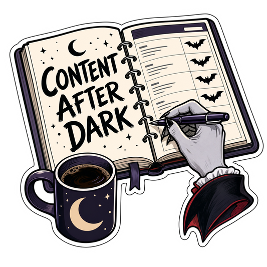 Die-cut planner sticker with “Content After Dark” notebook, moon, and bats icon