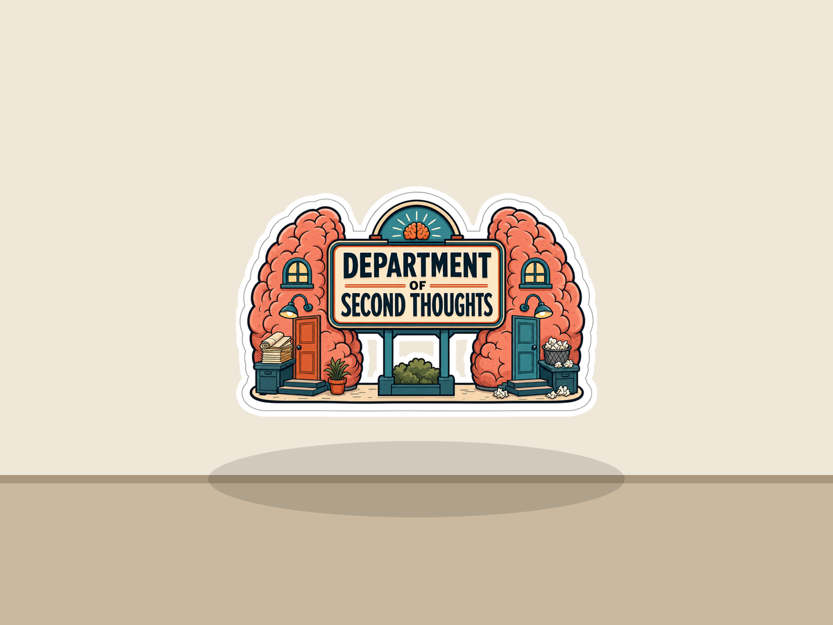 Second Thoughts sticker centered on beige background, die-cut outline