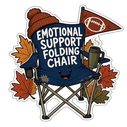 Emotional Support Folding Chair sticker, die-cut cartoon chair with text and leaves