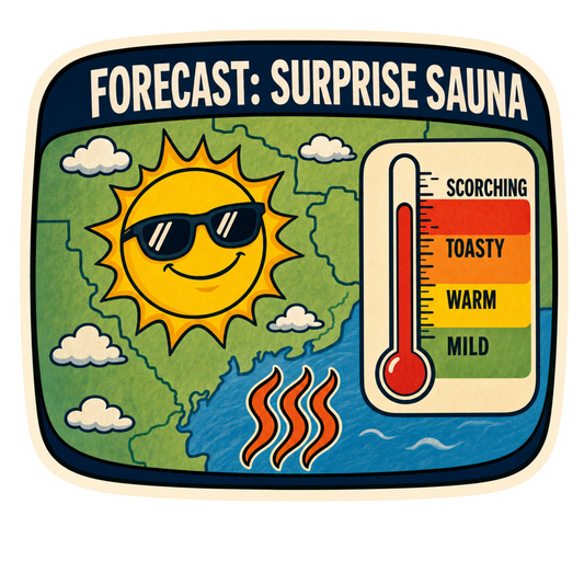 Small rectangular sauna-themed sticker with sun and thermometer heat scale