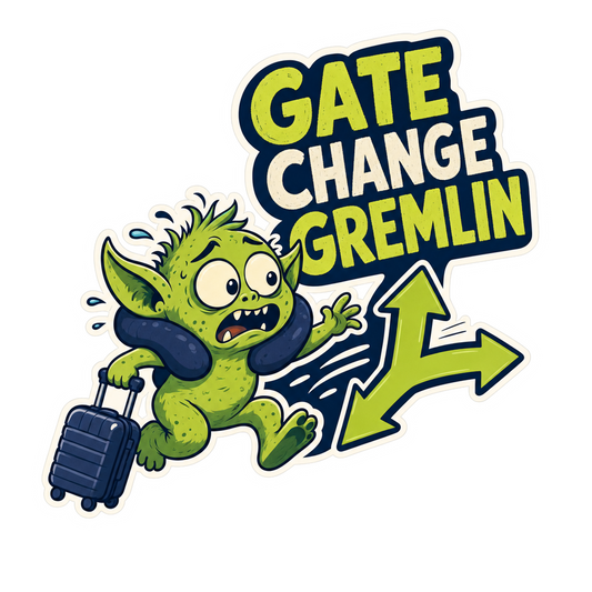 Gate Change Gremlin multicolor sticker with “GATE CHANGE GREMLIN” text and character