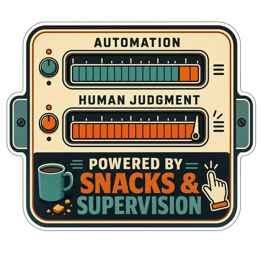 Fuel gauge automation sticker: 'Powered by Snacks & Supervision' text.