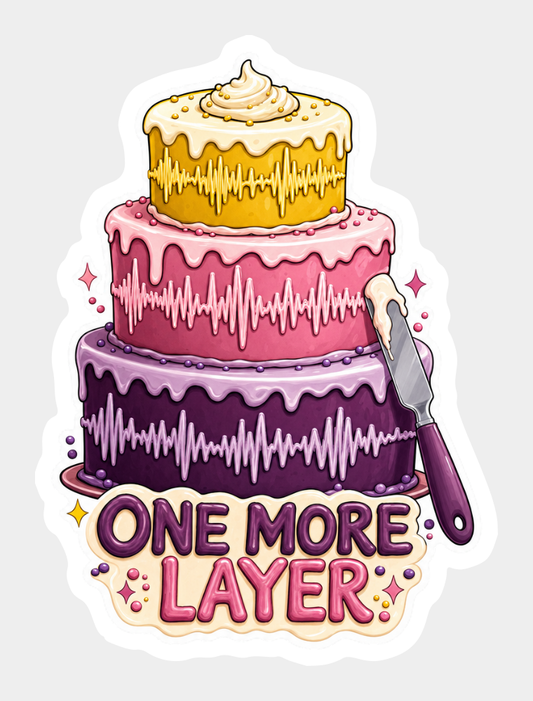 Vinyl sticker with a three-tier pink, purple, and yellow cake and “One More Layer” text