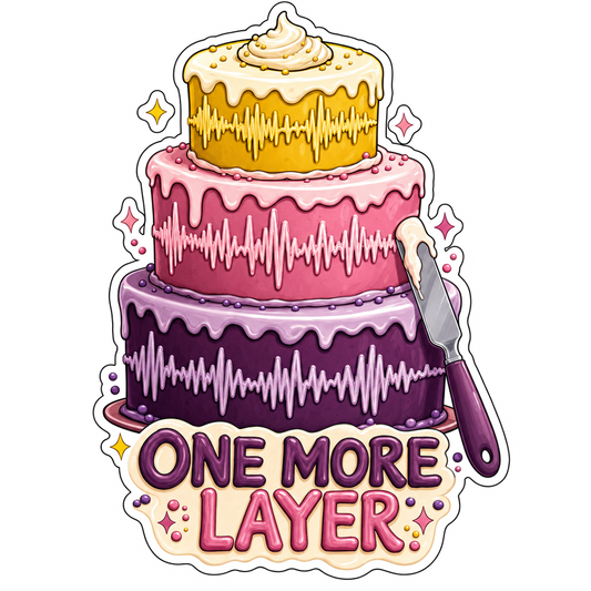 Layer Cake Studio sticker: stacked pink and purple cake with “ONE MORE LAYER”