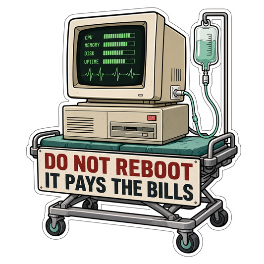 Computer life support sticker with 'DO NOT REBOOT IT PAYS THE BILLS'