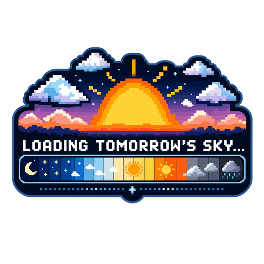 Colorful sky sunrise sticker with clouds and “Loading Tomorrow’s Sky” text