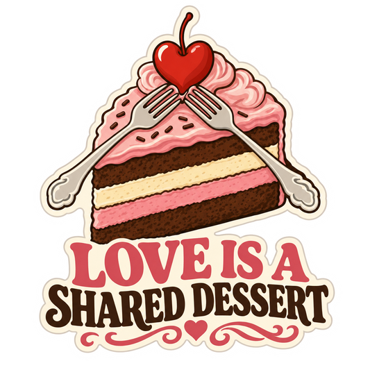 Dessert slice sticker with red heart and forks, with 'LOVE IS A SHARED DESSERT' text