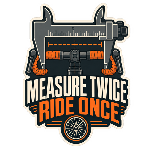 Decorative sticker with wrench/ruler graphic and 'Measure Twice Ride Once' text