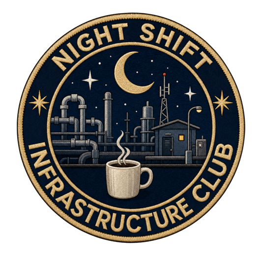 Circular night shift sticker with gold border, dark blue night scene, and city skyline
