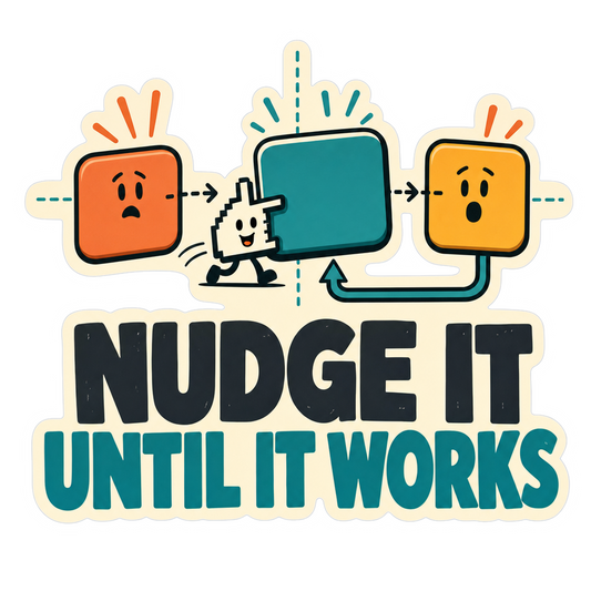 Sticker: “Nudge It Until It Works” with cartoon hands and teal lettering