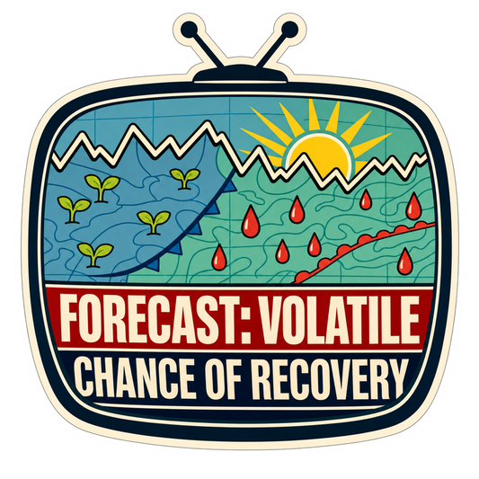 Weather report sticker with mountains, sun, flames, and 'FORECAST: VOLATILE' text.