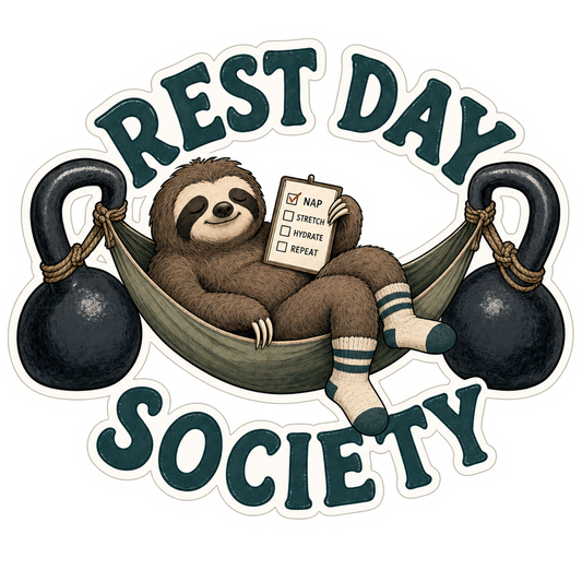 Die-cut sticker with sloth in hammock and 'REST DAY SOCIETY' text