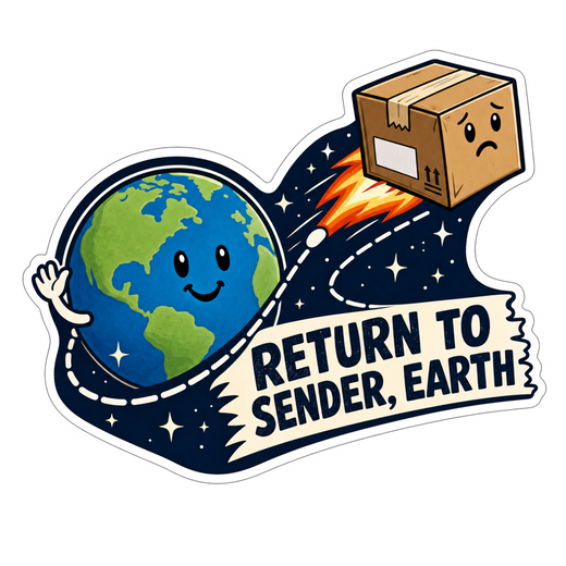 Planet and parcel illustration sticker with “Return to Sender, Earth” text