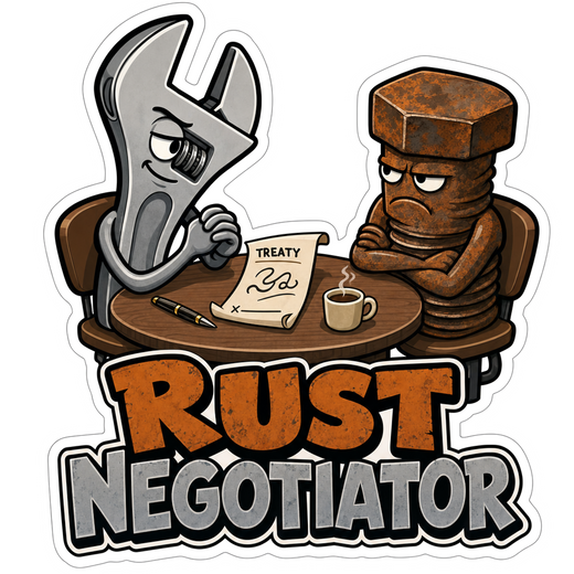 Rust Negotiator die-cut sticker with cartoon miner and 'RUST NEGOTIATOR' text