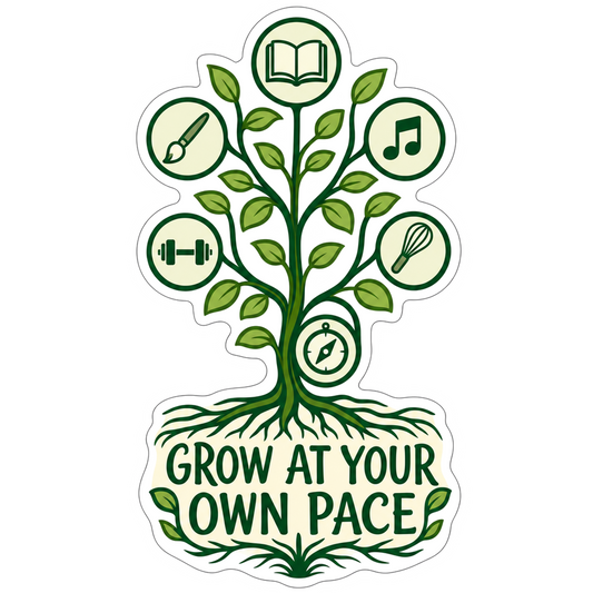 Garden skill tree sticker with “Grow at your own pace” and leaf icons