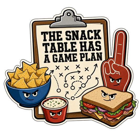 Snack game plan sticker with cartoon food characters and bold text