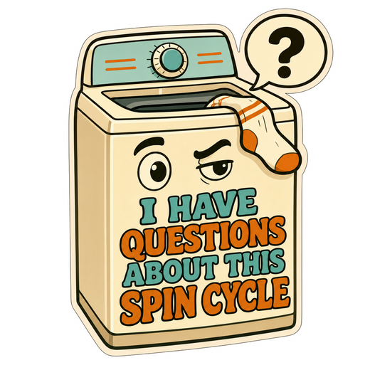Rectangular sticker with cartoon box, speech-bubble question mark, and colorful text