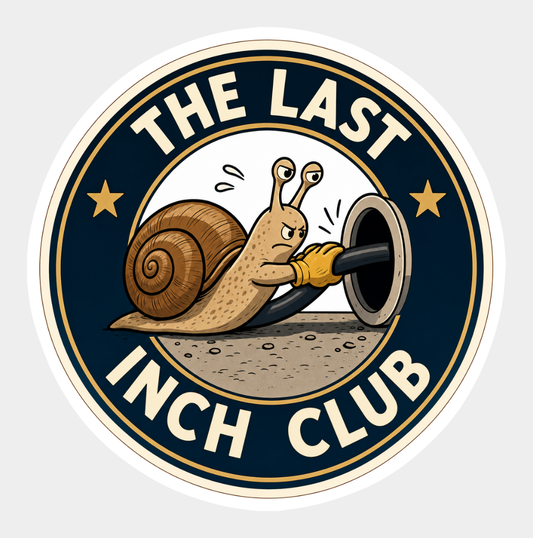 The Last Inch Club round vinyl sticker with a cartoon snail and cream lettering