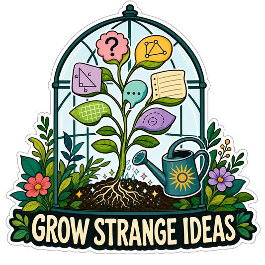 Garden-themed sticker with arch illustration and text 'GROW STRANGE IDEAS'.